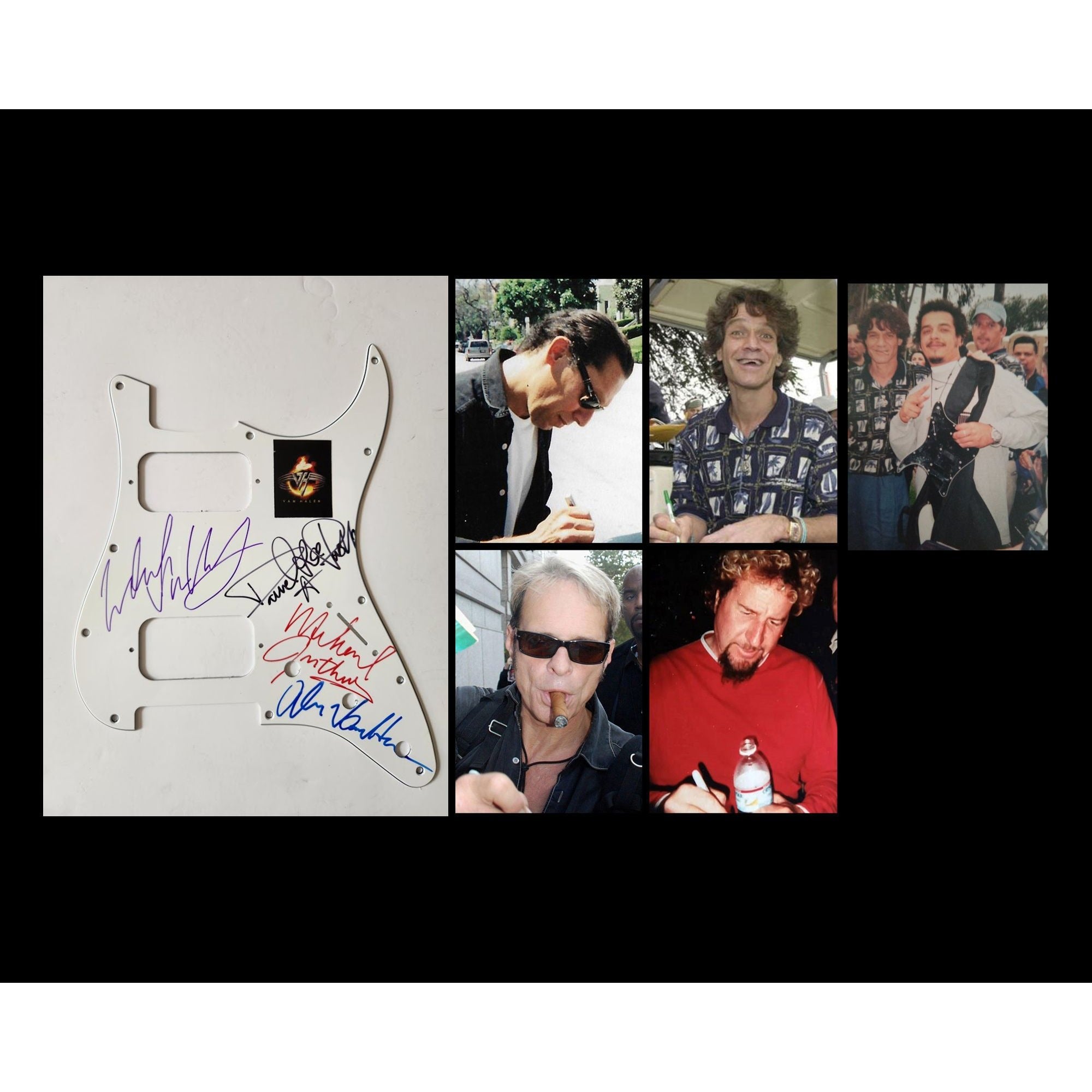David Lee Roth Eddie Van Halen Michael Anthony Alex Van Halen Fender Stratocaster electric pickguard signed with proof