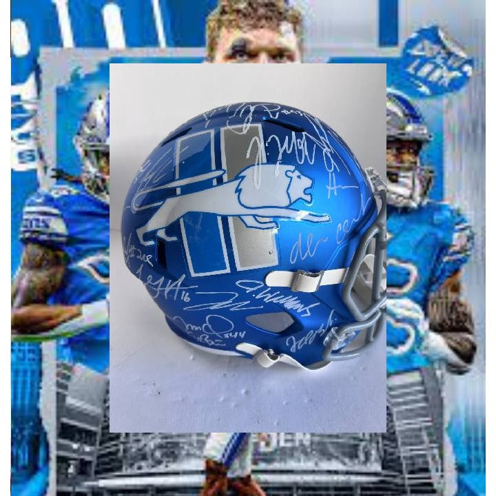 Detroit Lions 2023-24  Jared Goff Dan Campbell Penei Sewell Amon-ra St Brown Aidan Hutchinson Detroit Lions Riddell speed full size team sig