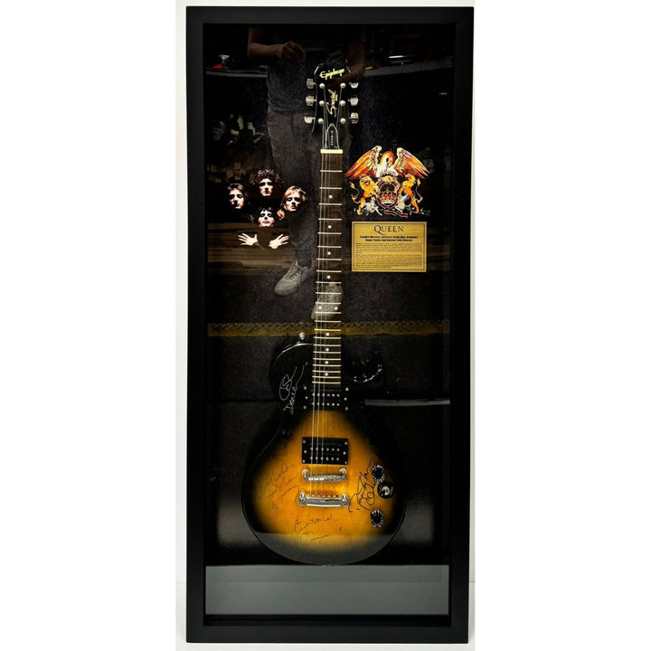 Freddie Mercury Brian May Roger Taylor John Deacon Queen guitar signed with proof and Museum quality frame