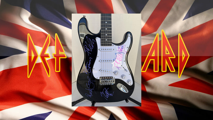Phil Collen, Vivian Campbell, Joe Elliott, Rick Savage, Rick Allen, Def Leppard Fender Stratocaster electric guitar signed with proof