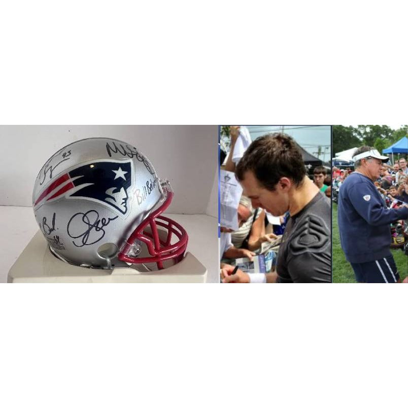 New England Patriots Teddy Bruschi Richard Seymour Junior Seau Bill Belichick Riddell mini helmet signed with proof