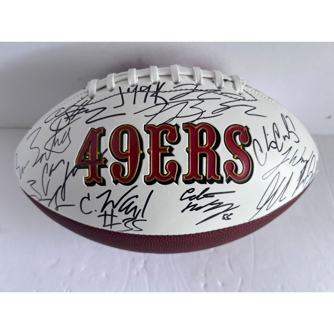 San Francisco 49ers 2023 24 Deebo Samuel, Brock Purdy Christian McCaffrey  full size team signed football with proof