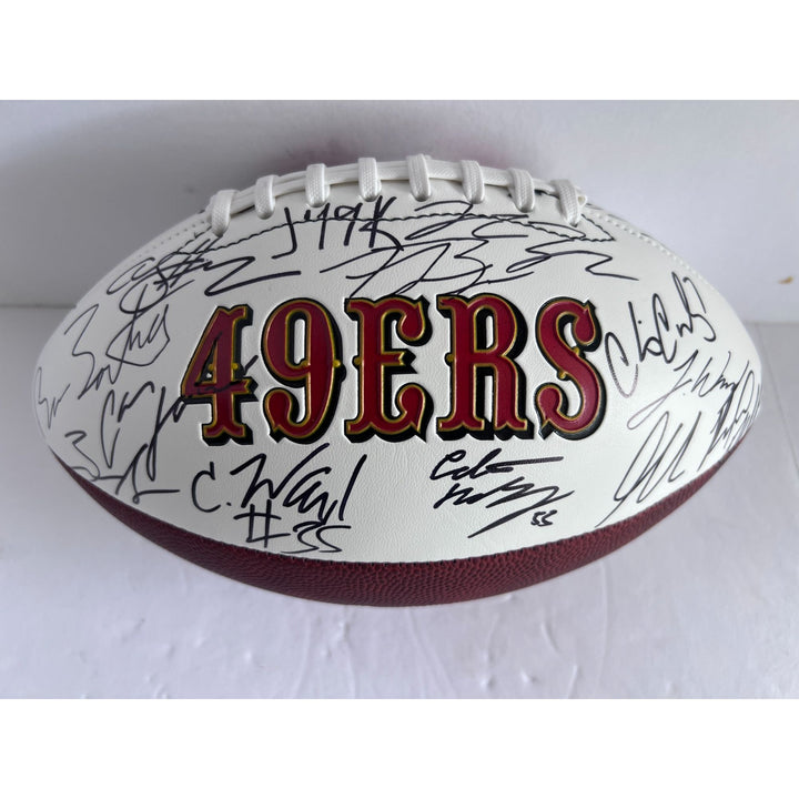 San Francisco 49ers 2023 24 Deebo Samuel, Brock Purdy Christian McCaffrey  full size team signed football with proof