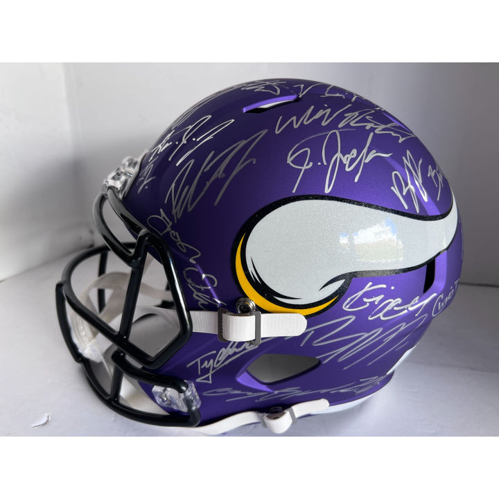 Sam darnold Justin Jefferson 2024 Minnesota Vikings Riddell full size helmet with over 40 signatures signed with proof