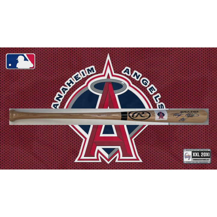 Los Angeles/Anaheim Angels Mike Trout Albert Pujols Hall of Famers present and future baseball bat signed with proof.