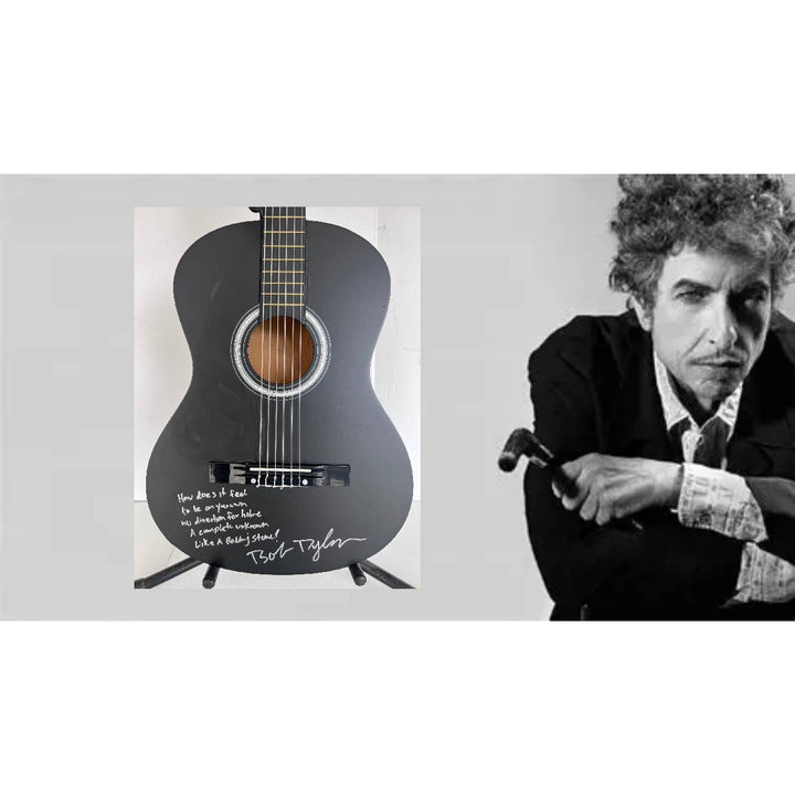 Bob Dylan acoustic guitar signed with lyrics and signing proof