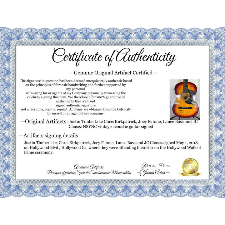 Justin Timberlake Chris Kirkpatrick, Joey Fatone, Lance Bass and JC Chasez NSYNC vintage acoustic guitar signed with proof