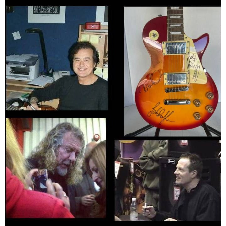 Led Zeppelin Jimmy Page with inscription Rock On! Robert Plant, and John Paul Jones vintage les paul signed with proof.