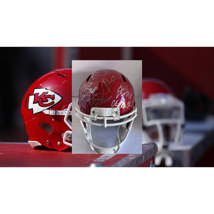 Kansas City Patrick Mahomes Andy Reid Travis Kelce 2022-23 Super Bowl champions Riddell Speed full size helmet team signed with proof