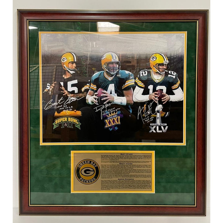 Green Bay Packers Bart Starr Brett Favre Aaron Rodgers 16 x 20 photo signed and framed  with Proof