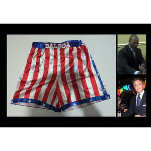 Sylvester Stallone Rocky Balboa and Carl Weathers Apollo Creed USA boxing shorts signed with proof