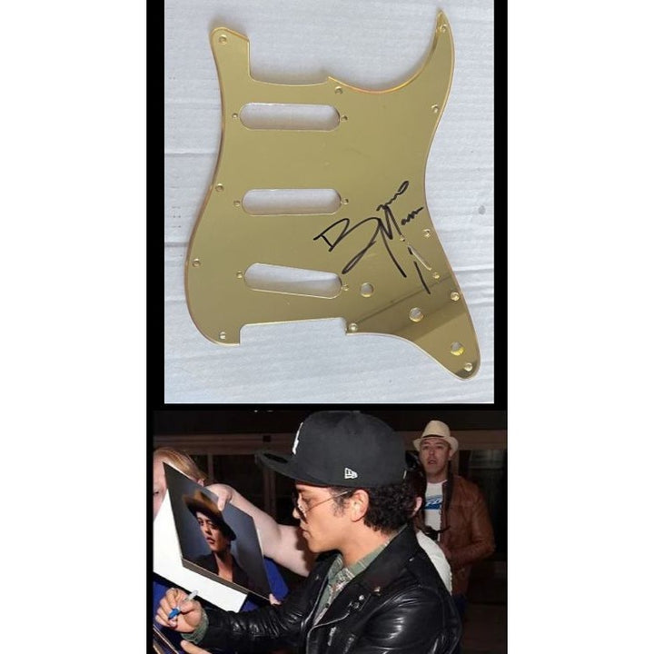 Bruno Mars Fender Stratocaster electric guitar pickguard signed with proof