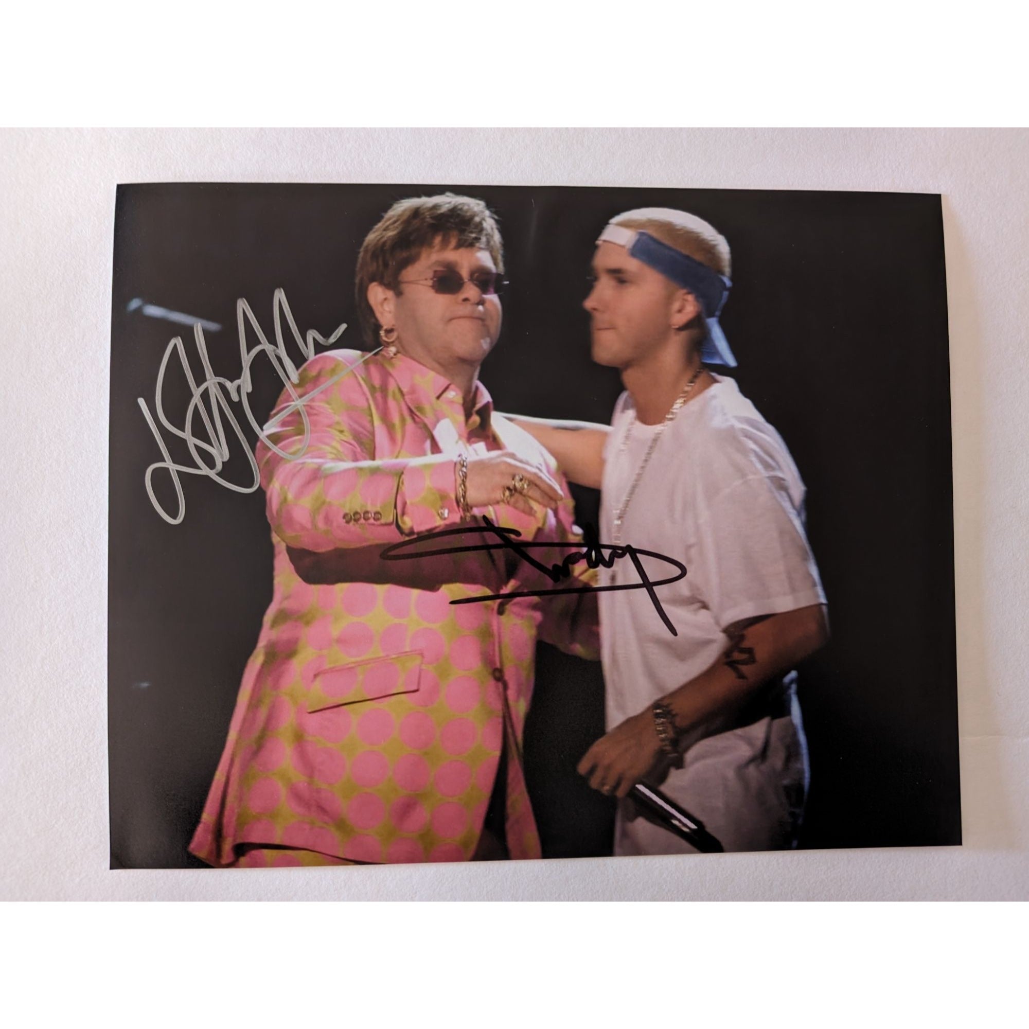 Eminem Slim Shady Marshall Mathers and Elton John eight by ten photo signed with proof