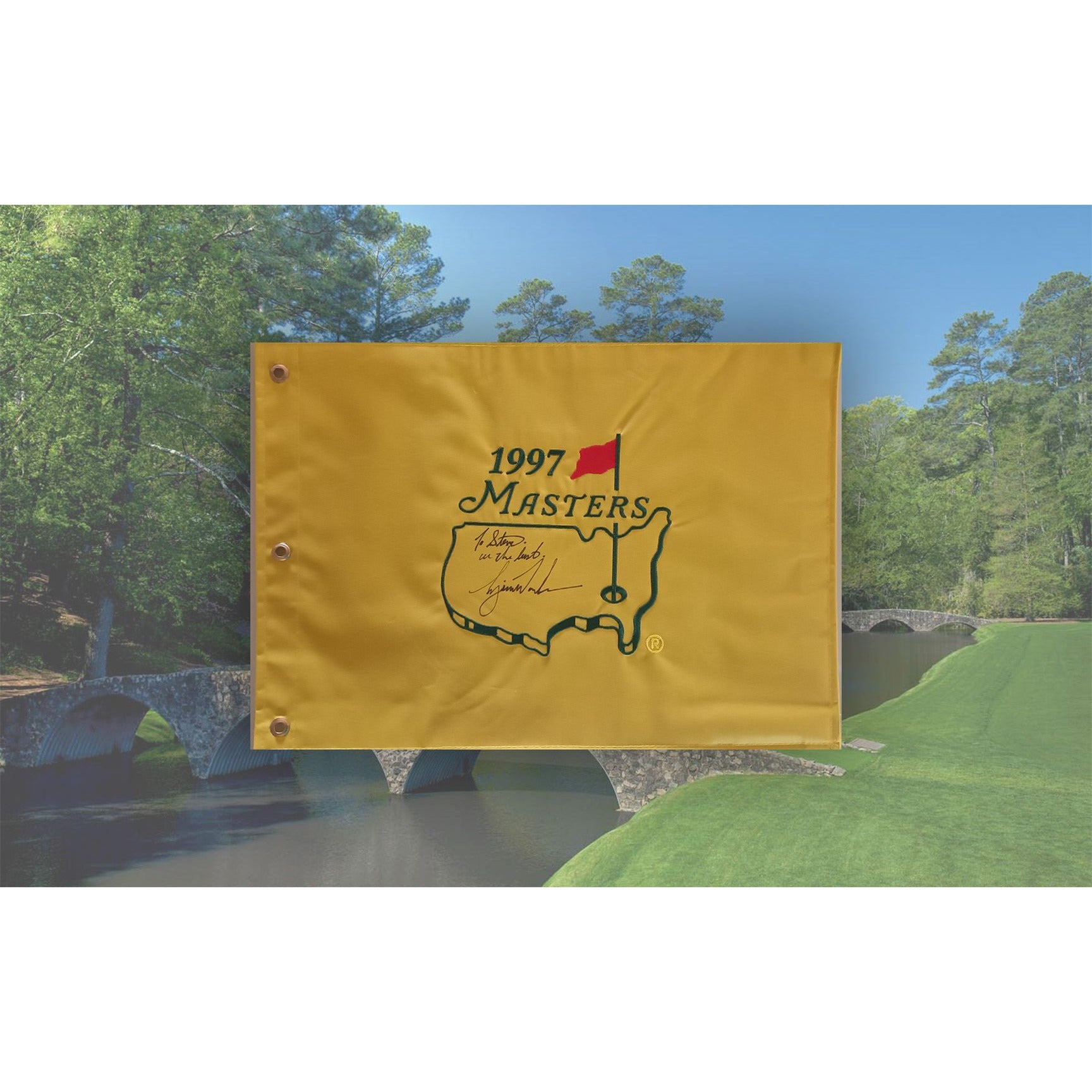 Tiger Woods "To Steve all the best" 1997 Masters Golf pin flag signed with proof