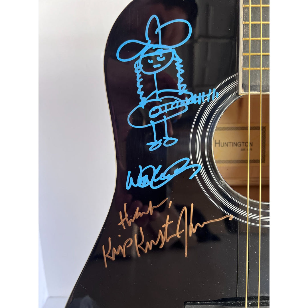 Johnny Cash Waylon Jennings Willie Nelson with Sketch Kris Kristofferson The Highwaymen full size acoustic guitar signed with proof