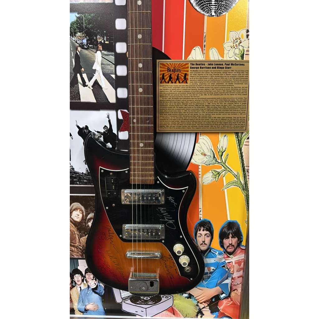 The Beatles John Lennon George Harrison Paul McCartney Ringo Starr incredible signed guitar with museum quality frame