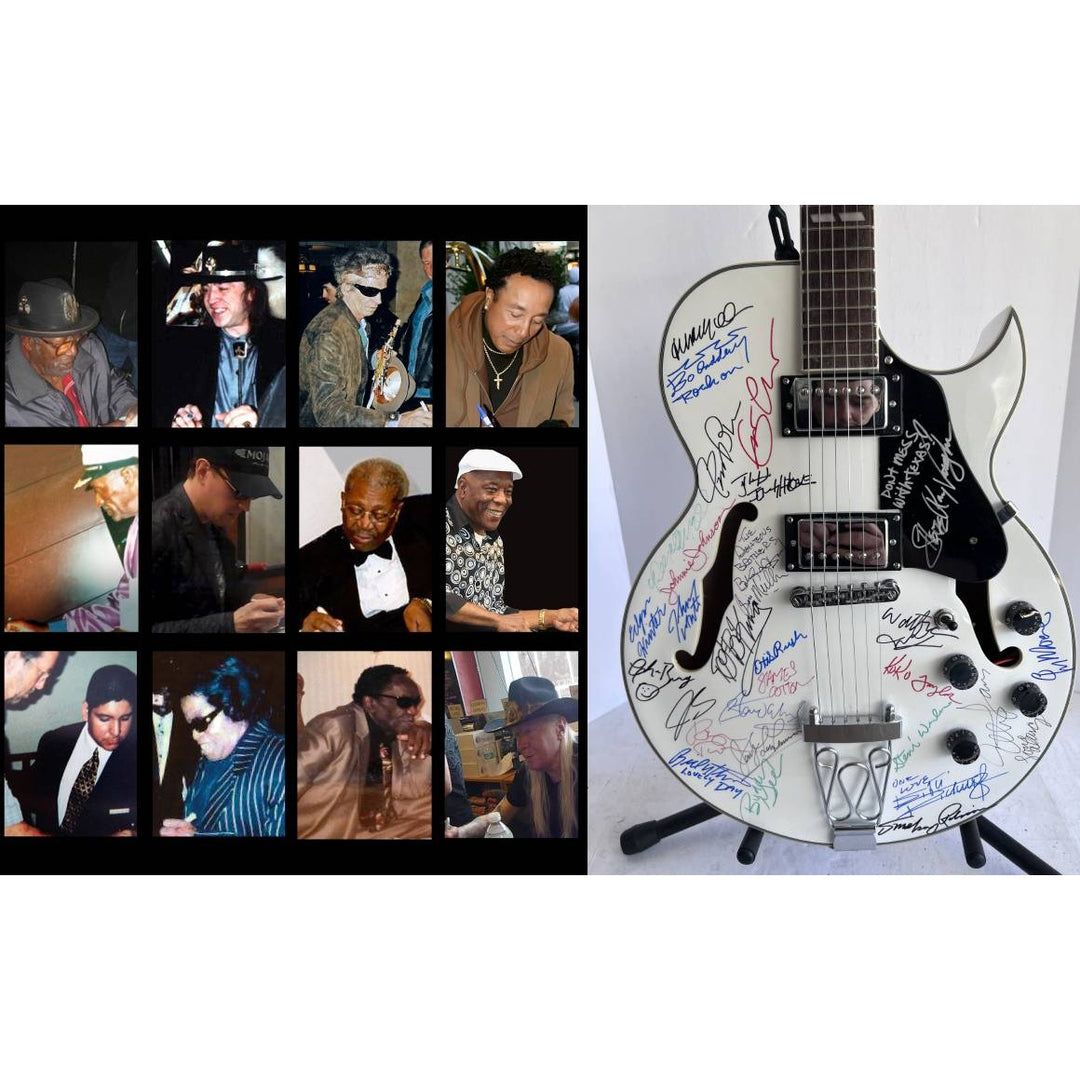 Blues an R&B legends 28 signed in all Stevie Ray Vaughan Bill Withers Stevie Wonder Eric Clapton Hollow body electric guitar signed with pro