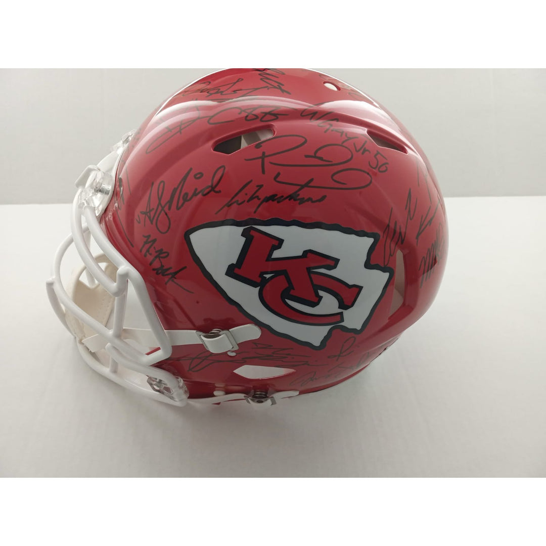 Kansas City Chiefs.Patrick Mahomes Travis Kelce Andy Reid 2023-24 Speed Riddell Authentic team helmet 40 sigs signed with proof