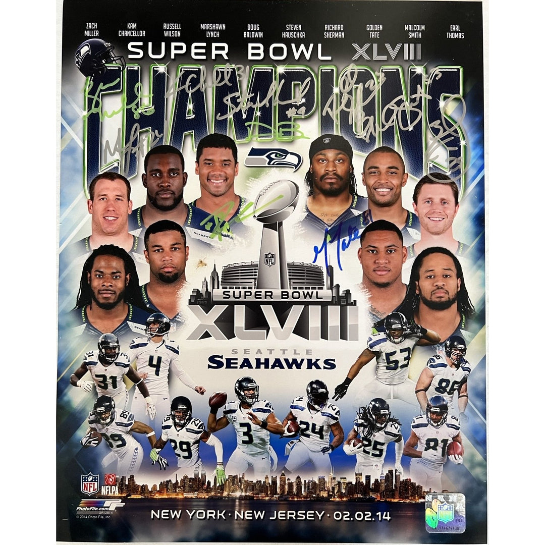 Russell Wilson Marshawn Lynch Richard Sherman Zach Miller Kam Chancellor Doug Baldwin Earl Thomas Seattle Seahawks 11x14 photo signed with p