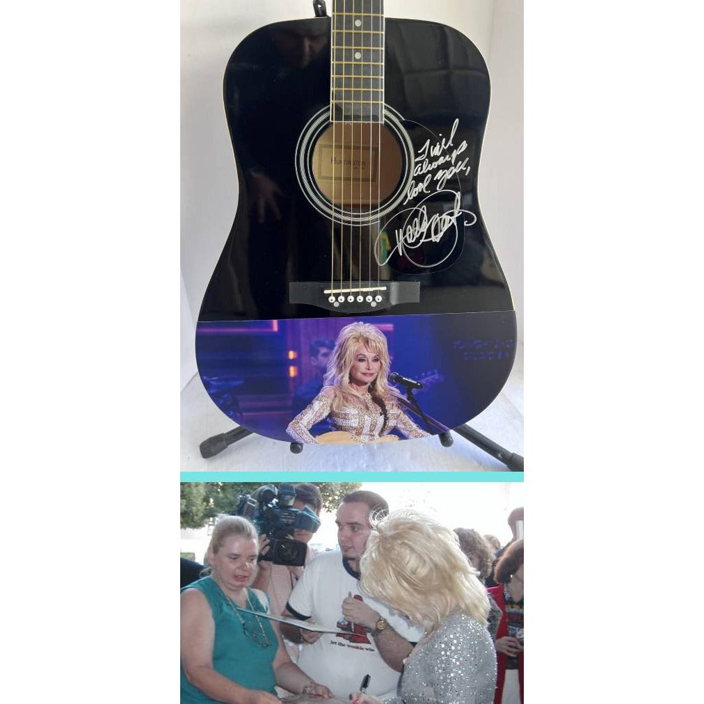 Dolly Parton one of a kind full size acoustic guitar signed and inscribed "I will always Love You" with photo proof