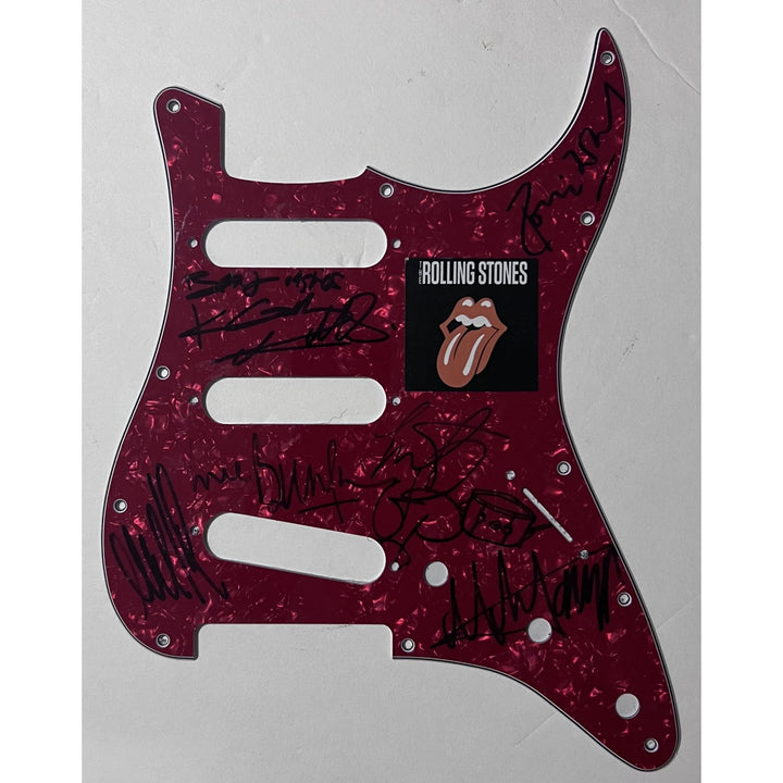 Rolling Stones Mick Taylor Charlie Watts Bill Wyman Ronnie Wood Keith Richards Mick Jagger Stratocaster electric pickguard signed with proof