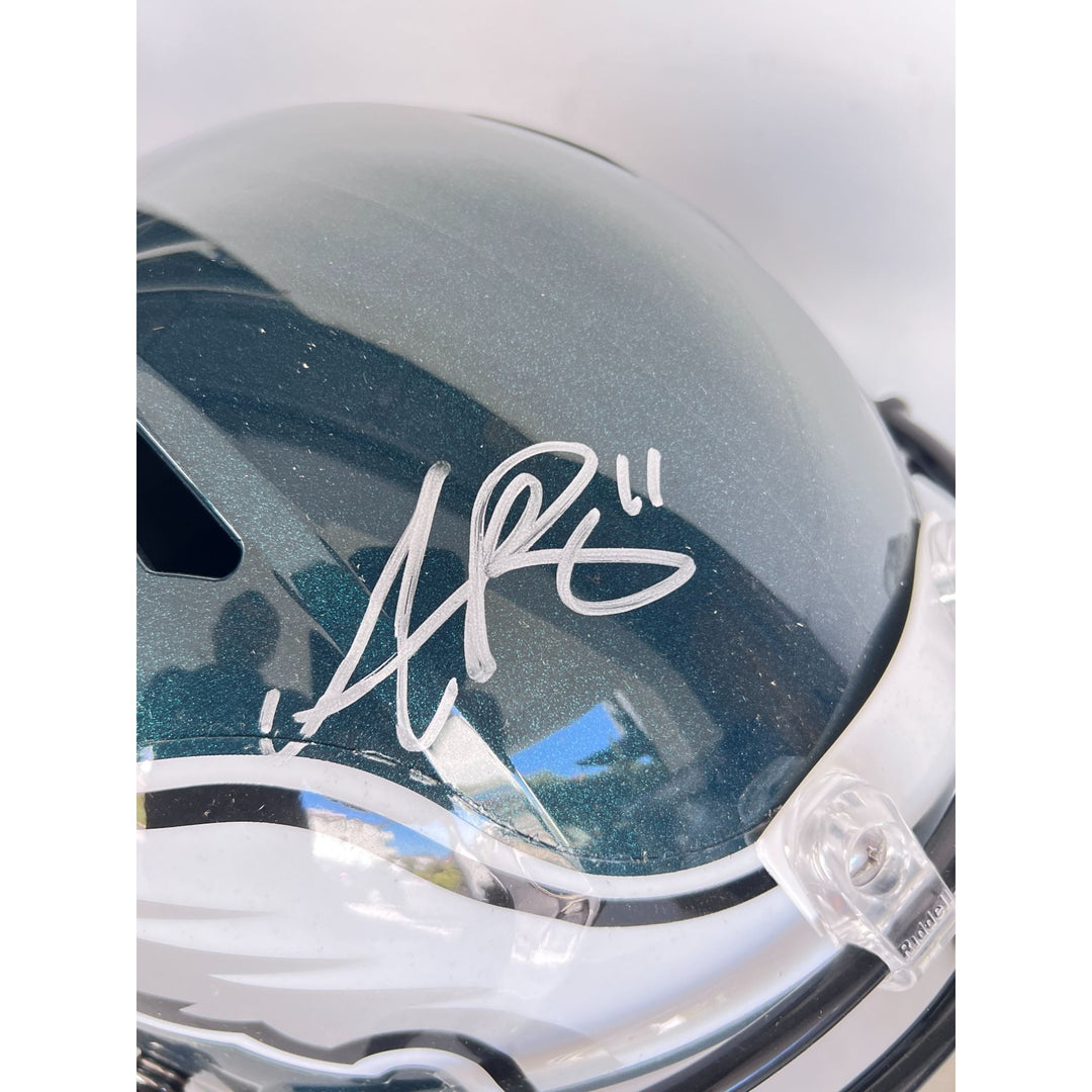 Saquon Barkley Jalen Hurts AJ Brown Philadelphia Eagles Riddell speed replica helmet signed with proof