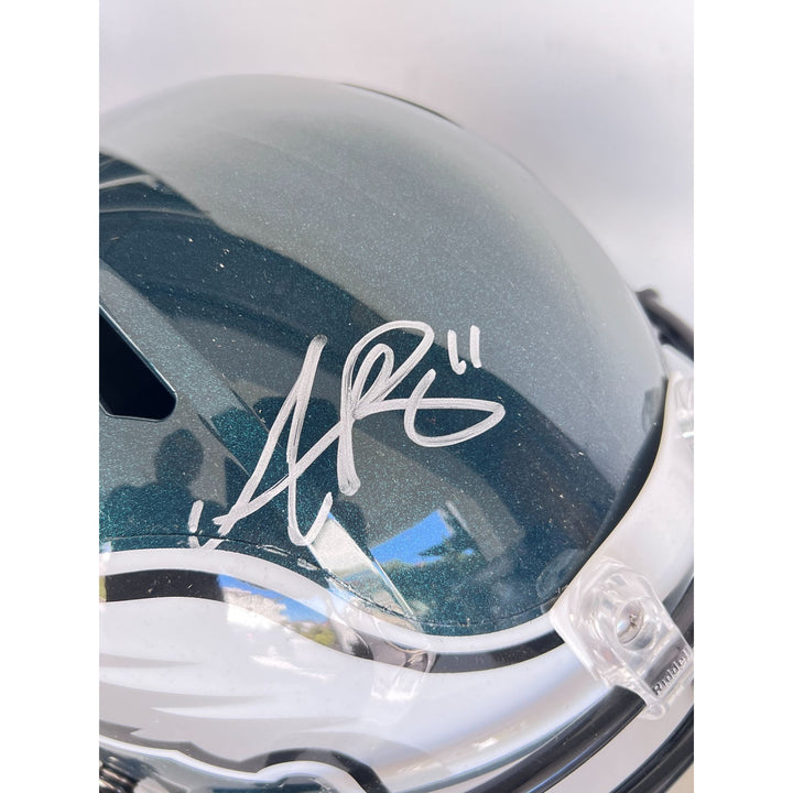 Saquon Barkley Jalen Hurts AJ Brown Philadelphia Eagles Riddell speed replica helmet signed with proof