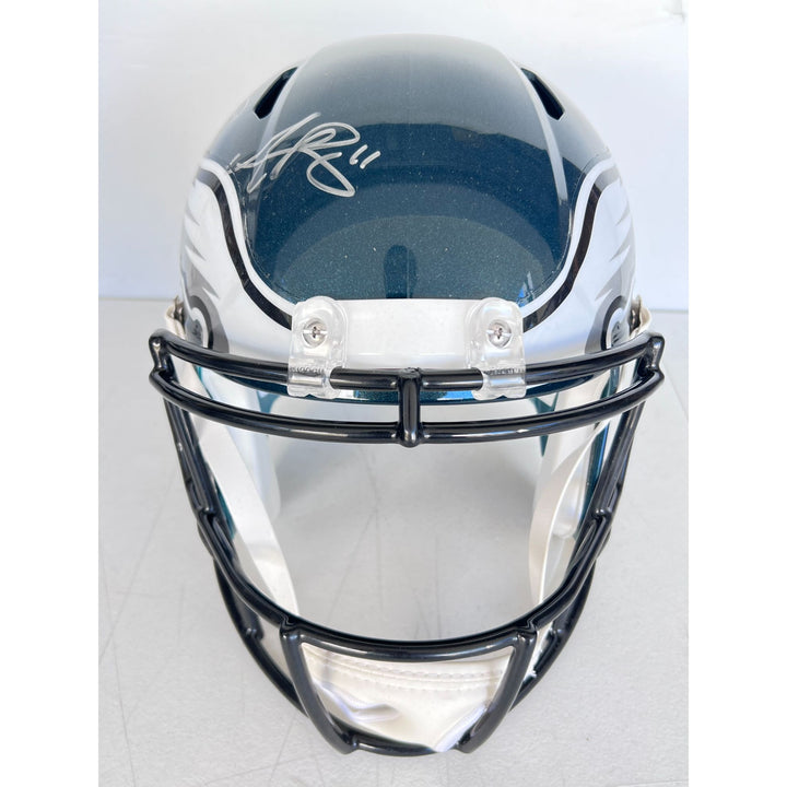 Saquon Barkley Jalen Hurts AJ Brown Philadelphia Eagles Riddell speed replica helmet signed with proof