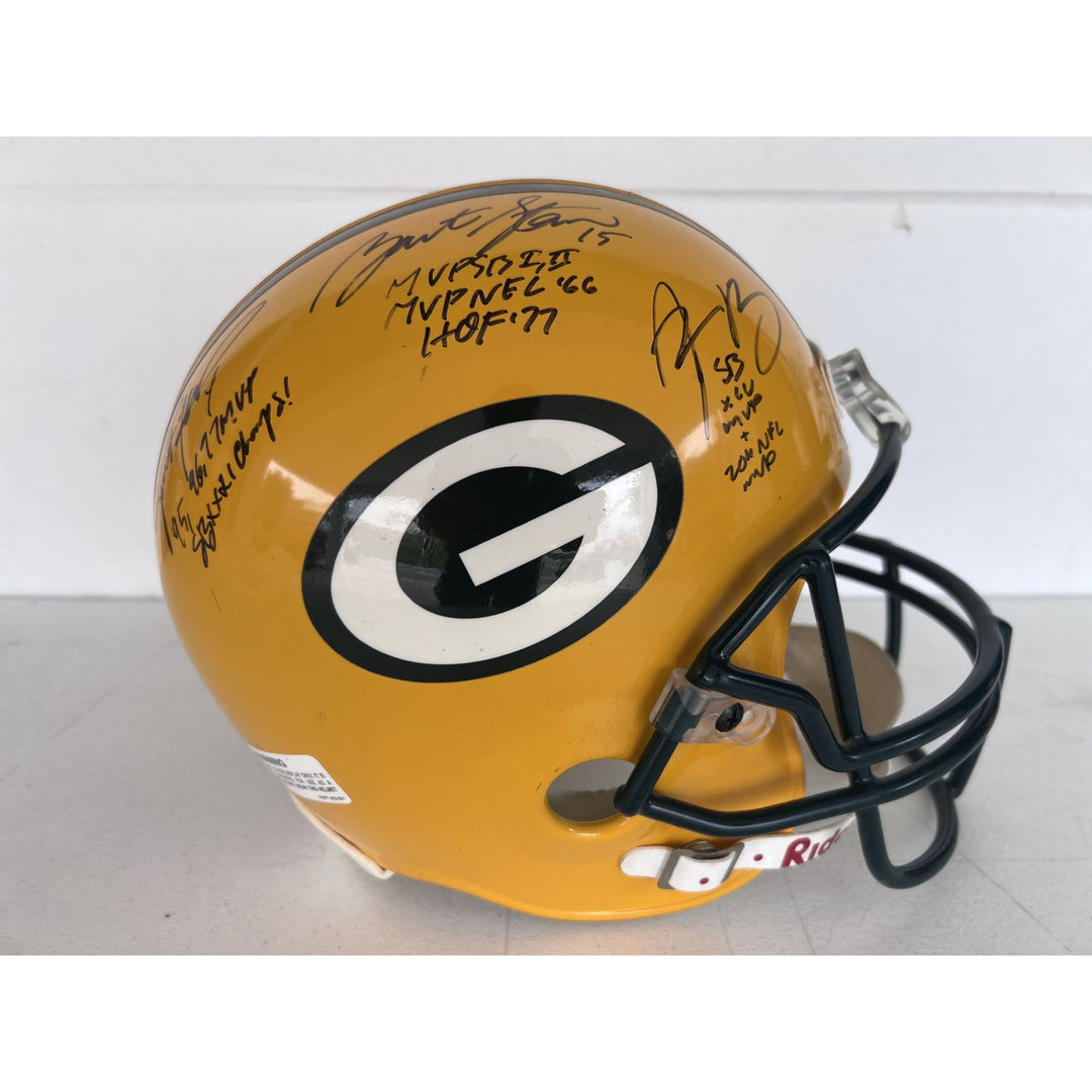 Green Bay Packers vintage game model helmet signed by Brett Favre, Bart Starr, & Aaron Rodgers with proof.