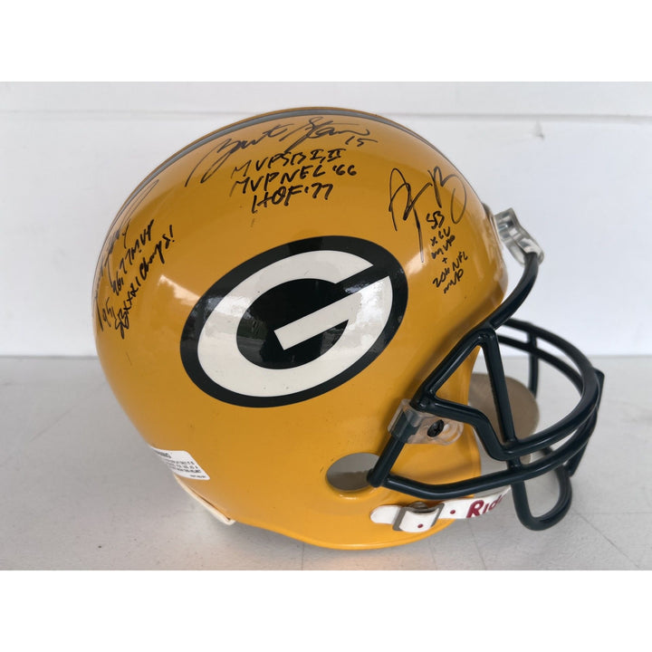 Green Bay Packers vintage game model helmet signed by Brett Favre, Bart Starr, & Aaron Rodgers with proof.