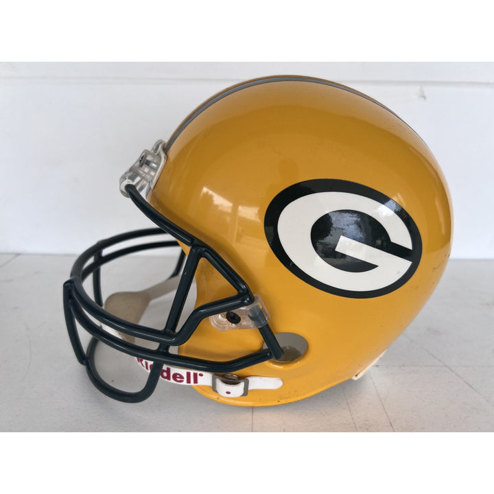 Green Bay Packers vintage game model helmet signed by Brett Favre, Bart Starr, & Aaron Rodgers with proof.