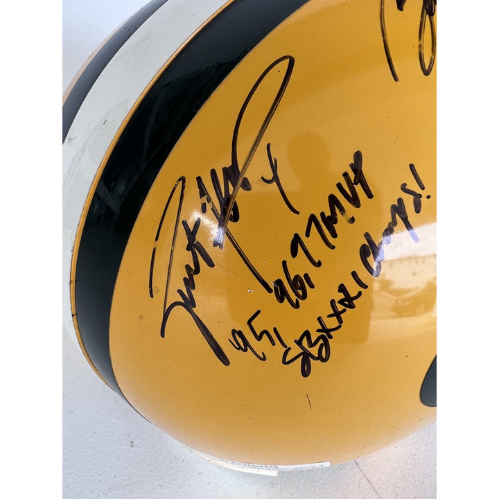 Green Bay Packers vintage game model helmet signed by Brett Favre, Bart Starr, & Aaron Rodgers with proof.