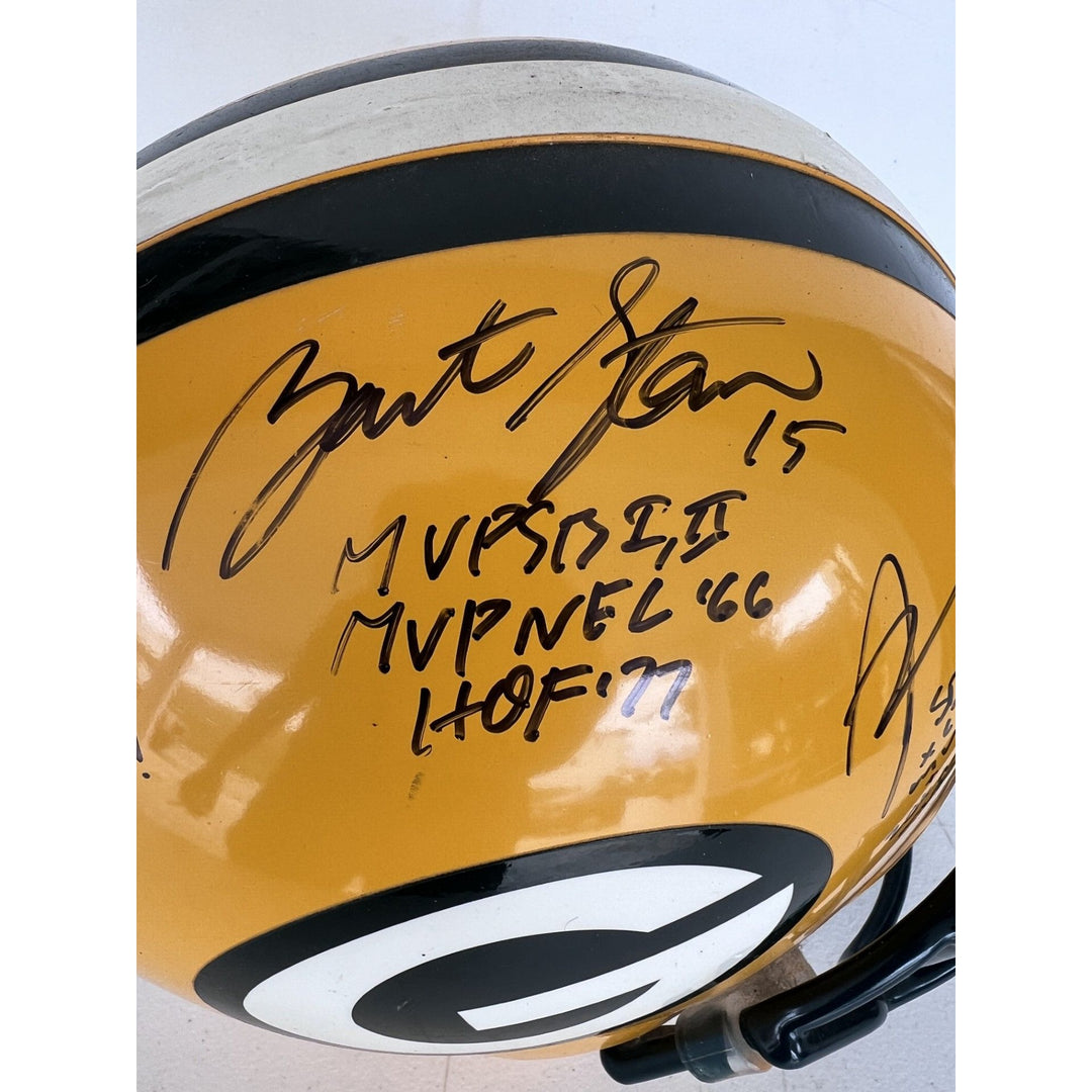Green Bay Packers vintage game model helmet signed by Brett Favre, Bart Starr, & Aaron Rodgers with proof.