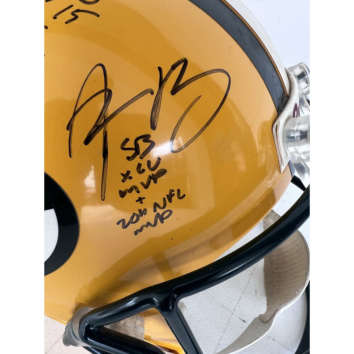 Green Bay Packers vintage game model helmet signed by Brett Favre, Bart Starr, & Aaron Rodgers with proof.