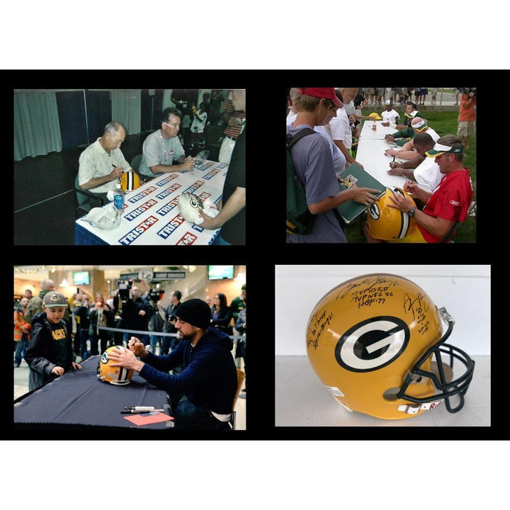 Green Bay Packers vintage game model helmet signed by Brett Favre, Bart Starr, & Aaron Rodgers with proof.
