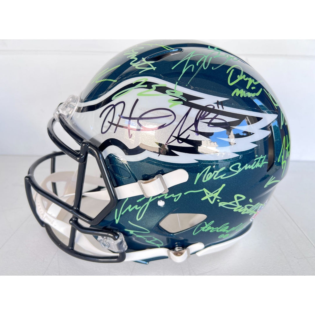 Saquon Barkley, AJ Brown, Jalen Hurts 2024 Philadelphia Eagles Riddell full size helmet 40 sigs signed with photo proof
