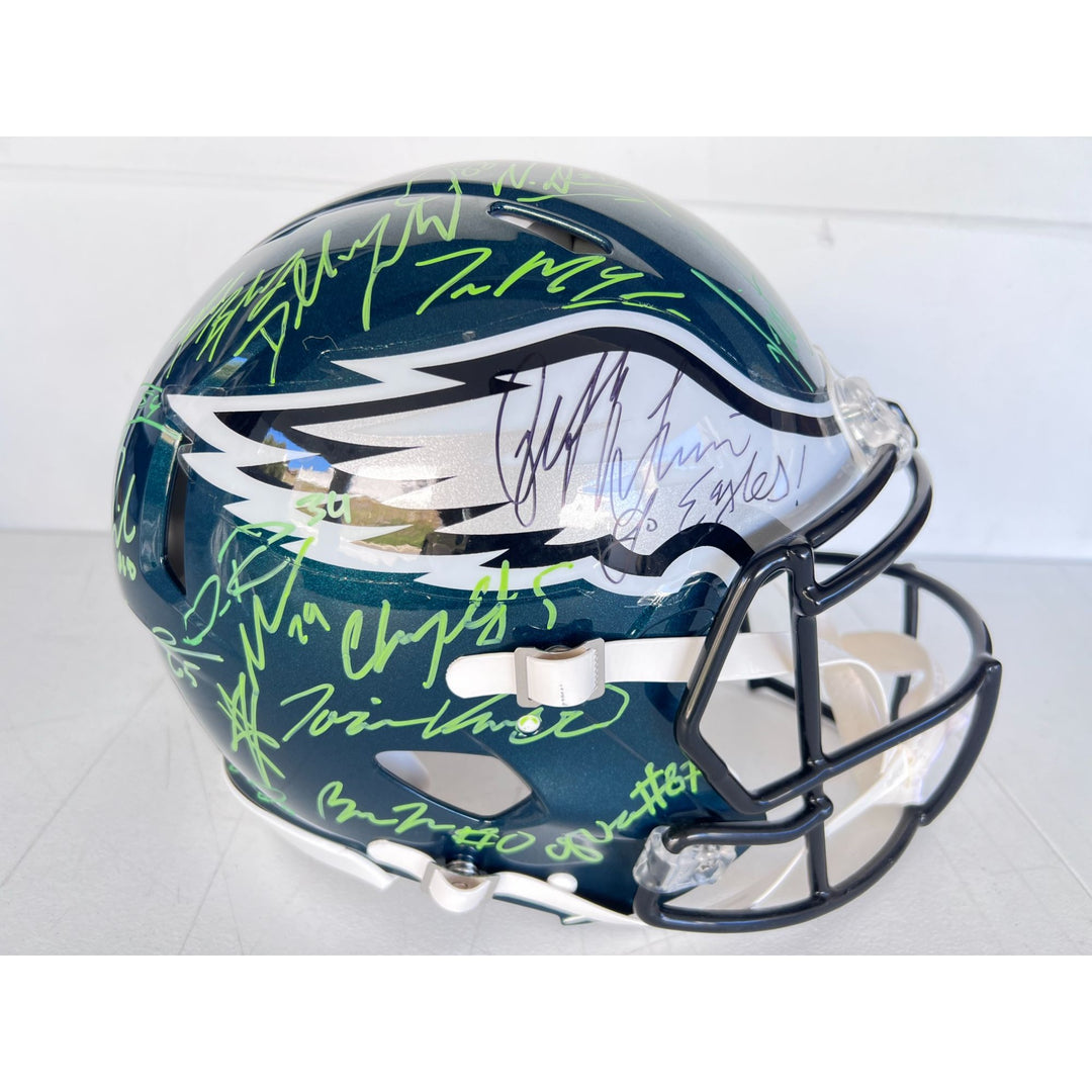 Saquon Barkley, AJ Brown, Jalen Hurts 2024 Philadelphia Eagles Riddell full size helmet 40 sigs signed with photo proof
