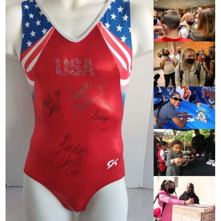 Simone Biles, Suni Lee, Jordan Chiles, Jade Carey 2024 USA Gold Medalists team signed USA leotard with proof