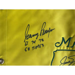 Load image into Gallery viewer, Jack Nicklaus Arnold Palmer Gary Player signed with Master&#39;s Championship inscriptions year of victory Masters pin flag with signing proof
