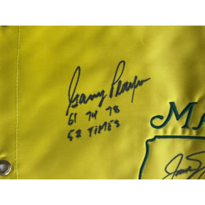 Jack Nicklaus Arnold Palmer Gary Player signed with Master's Championship inscriptions year of victory Masters pin flag with signing proof