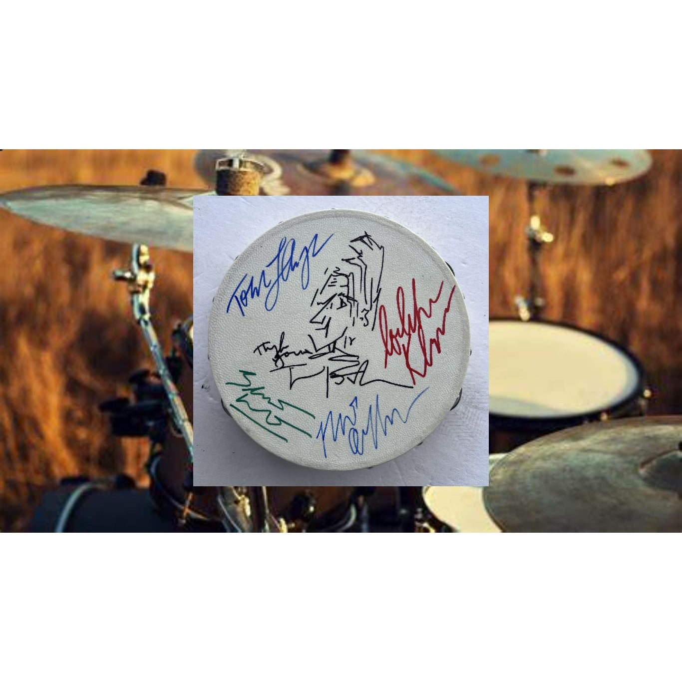 Belmont Trench Ron Blair Mike Campbell Tom Petty signed with Sketch and the Heartbreakers 10 inch tambourine with signing proof