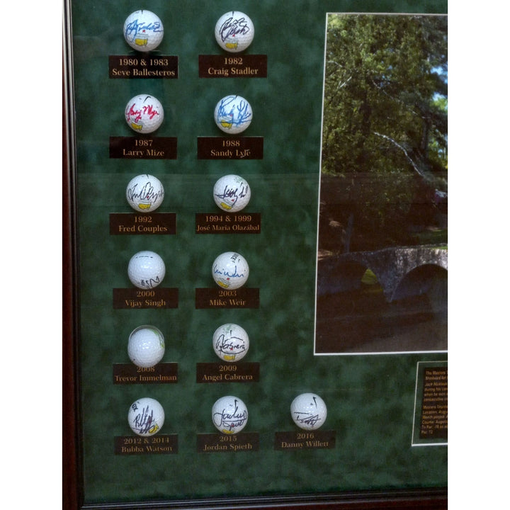 Masters Champions golf balls 44 in all Tiger Woods, Jack Nicklaus, Ben Hogan, Arnold Palmer framed and signed