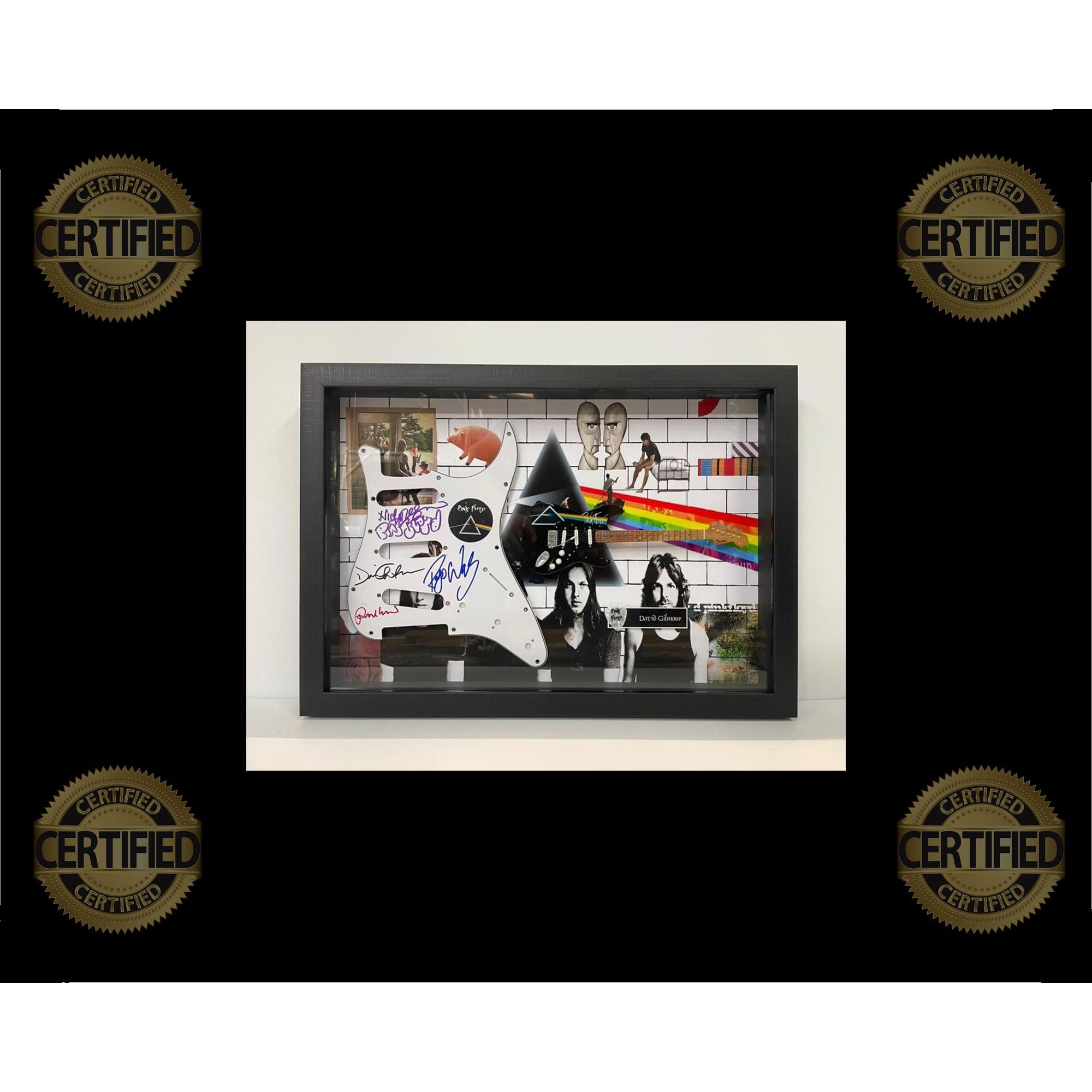 Pink Floyd David Gilmour Roger Waters Richard Wright Nick Mason framed electric guitar pickguard signed with proof