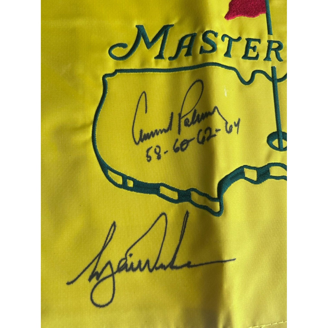 Arnold Palmer signed with Masters Victory inscription and Tiger Woods Masters embroidered pin flag signed with proof