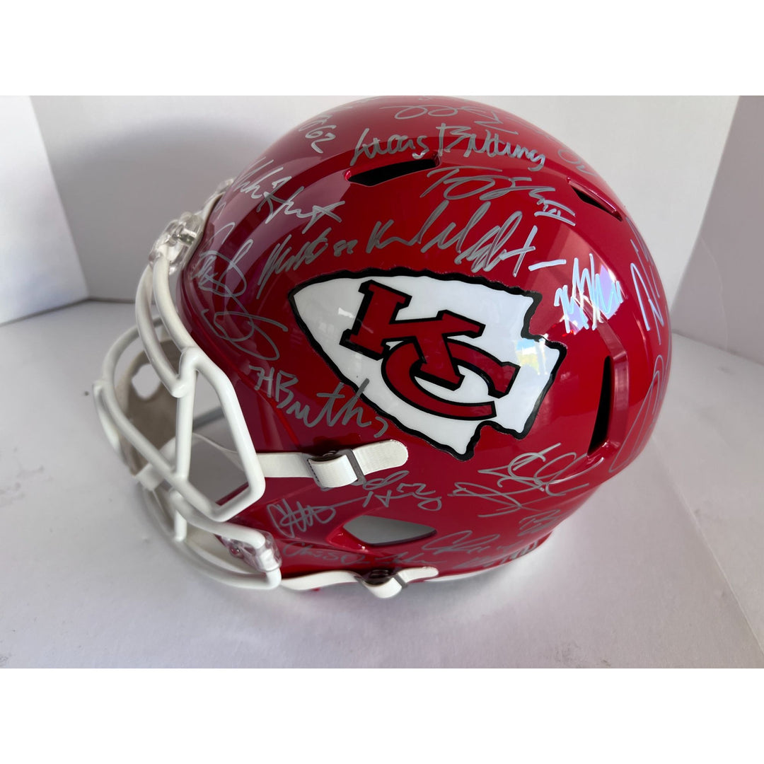 Patrick Mahomes Andy Reid 2022 Kansas City Chiefs AFC champions Riddell speed replica full size helmet team signed with proof and free case