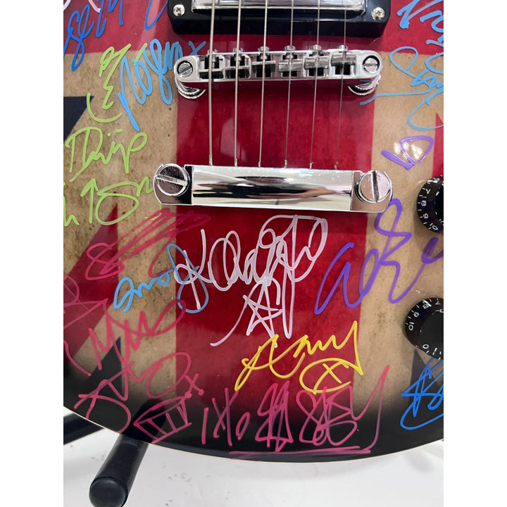 British Rock Legends 25 plus one of a kind electric guitar Coldplay, Amy Winehouse George Michael Morrissey Robert Smith signed with proof