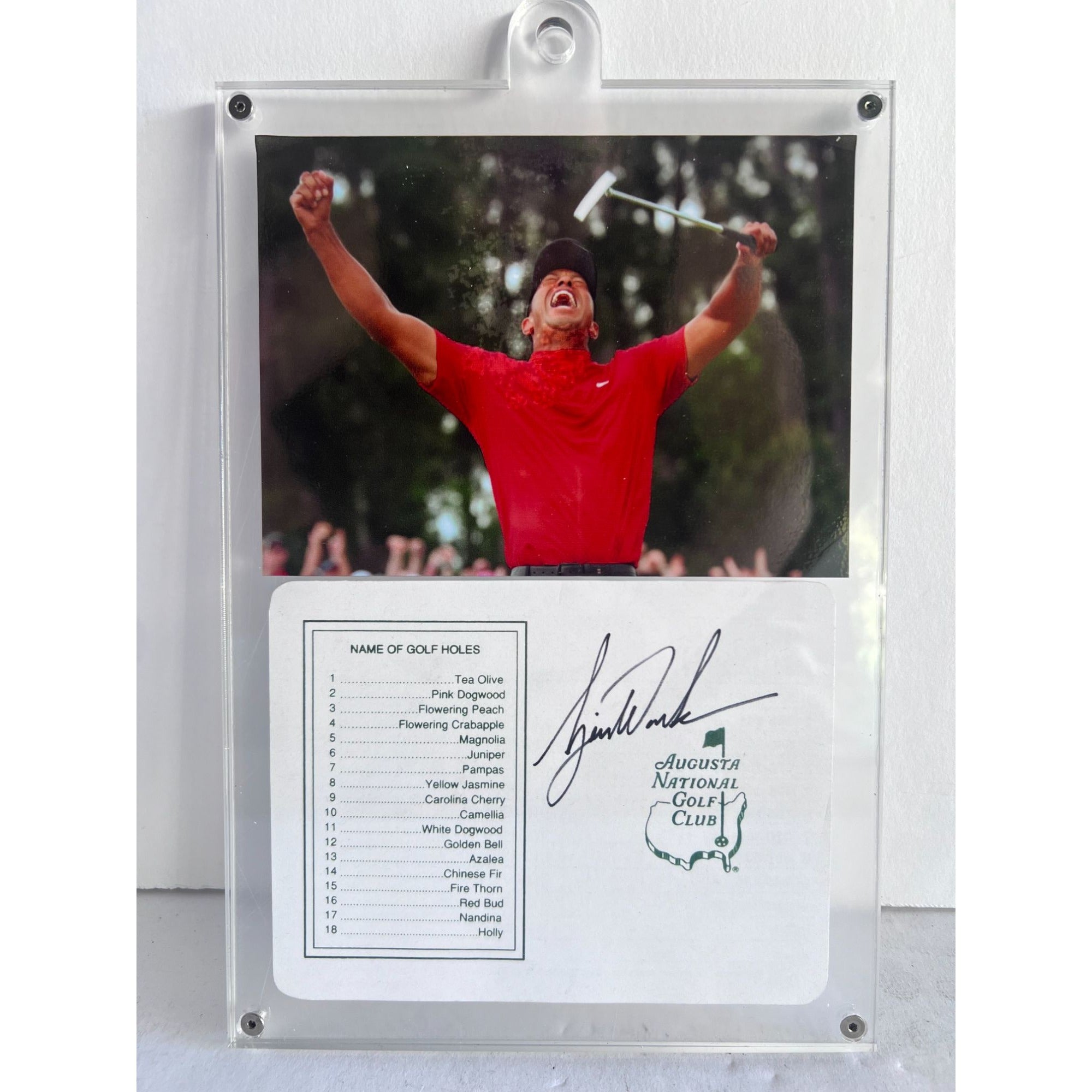 Tiger Woods Masters scorecard signed with proof and 11x7 acrylic display case