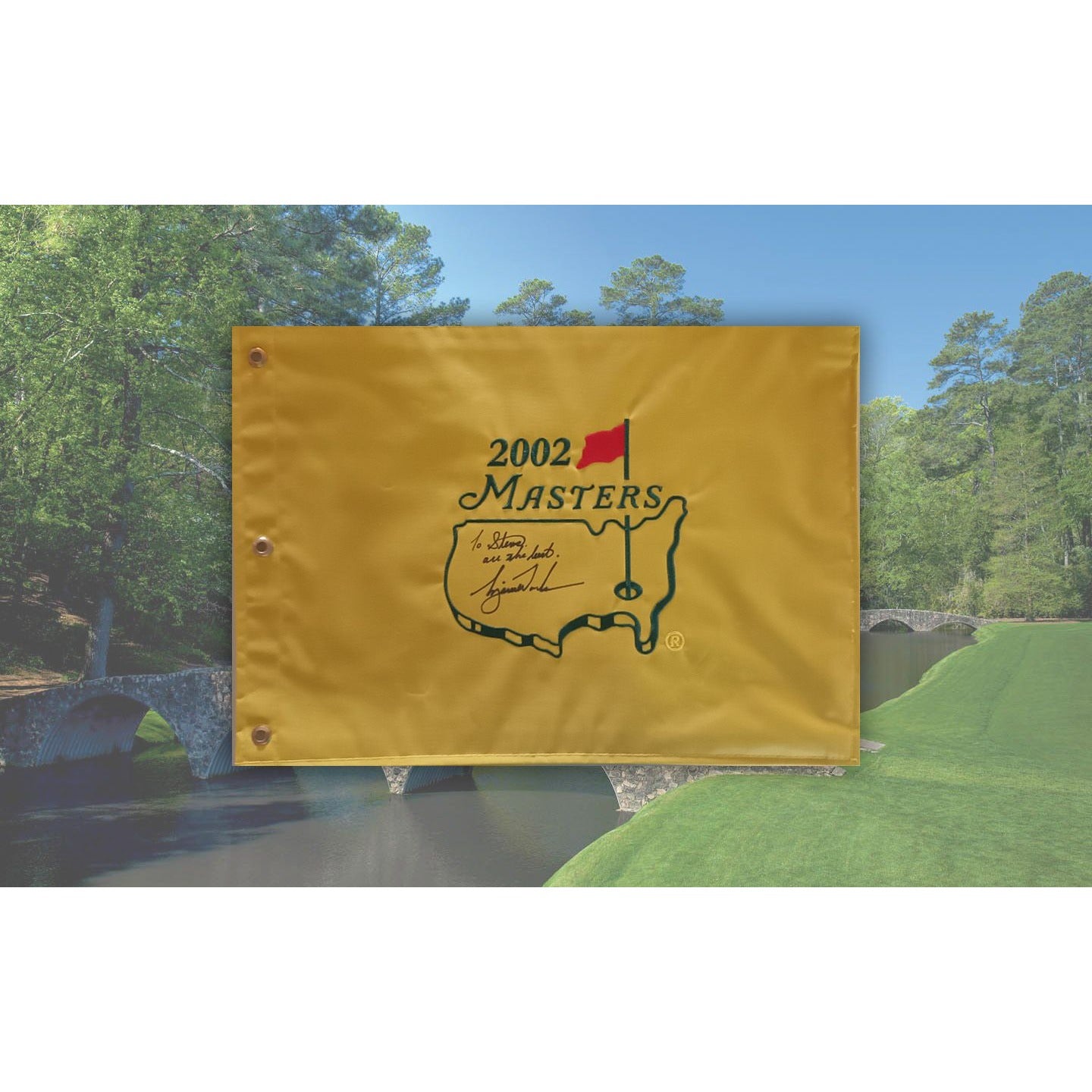 Tiger Woods "To Steve all the best" 2002 Masters Golf pin flag signed with proof