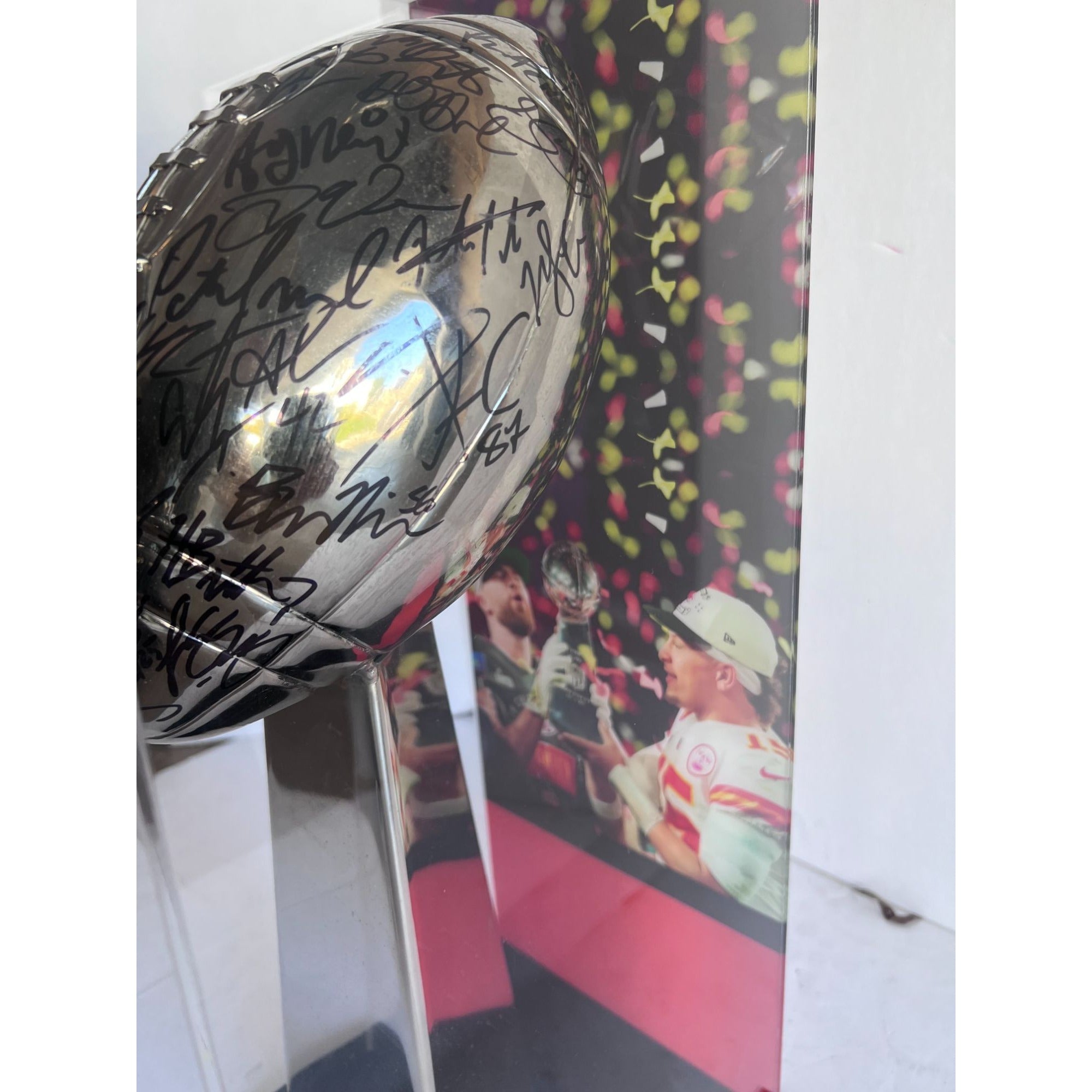 Kansas City Chiefs Patrick Mahomes Andy Reid Travis Kelce 2022-23 Super Bowl champions team signed Lombardi Trophy with 8x22 acrylic case