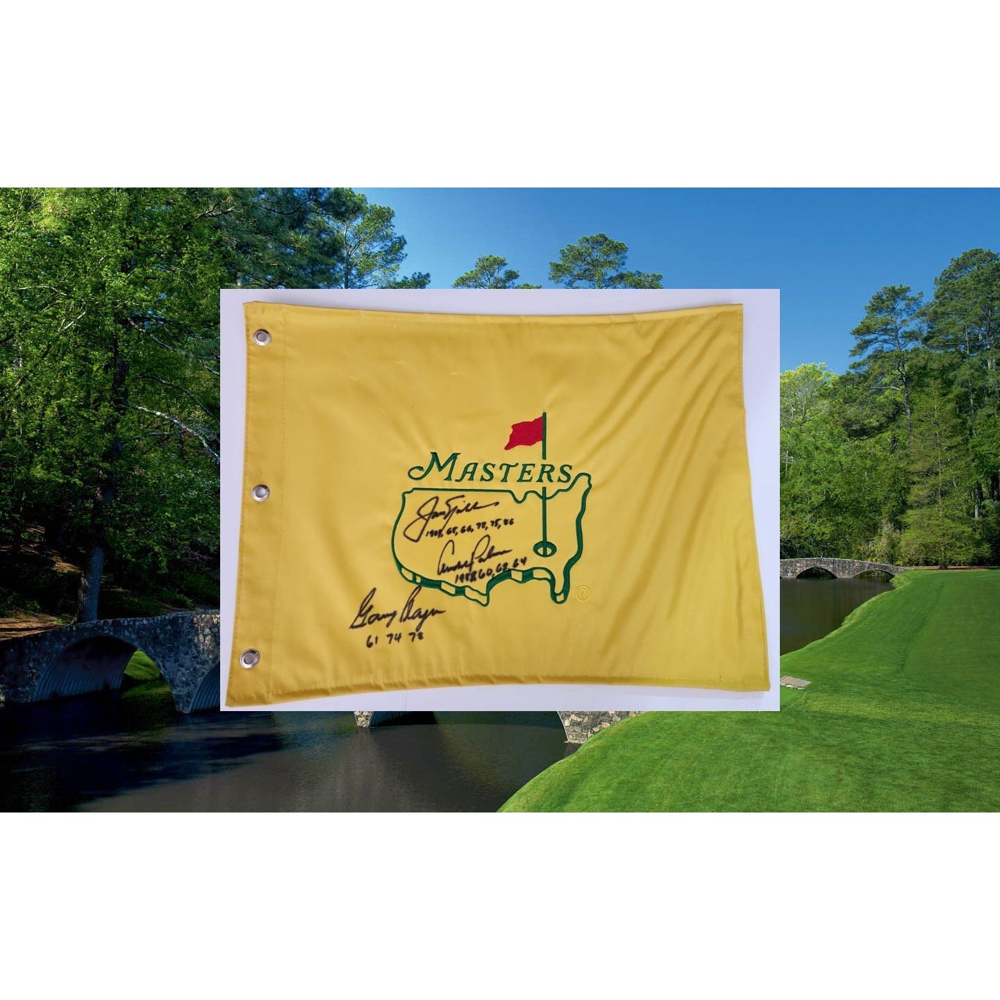 Jack Nichlaus Arnold Palmer Gary Player Masters Golf pin flag signed with proof